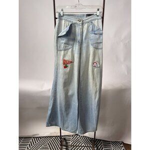 Vintage Oxmoor Light Wash Denim Pants Womens Size 9 Embroidered Hand Patch Wide